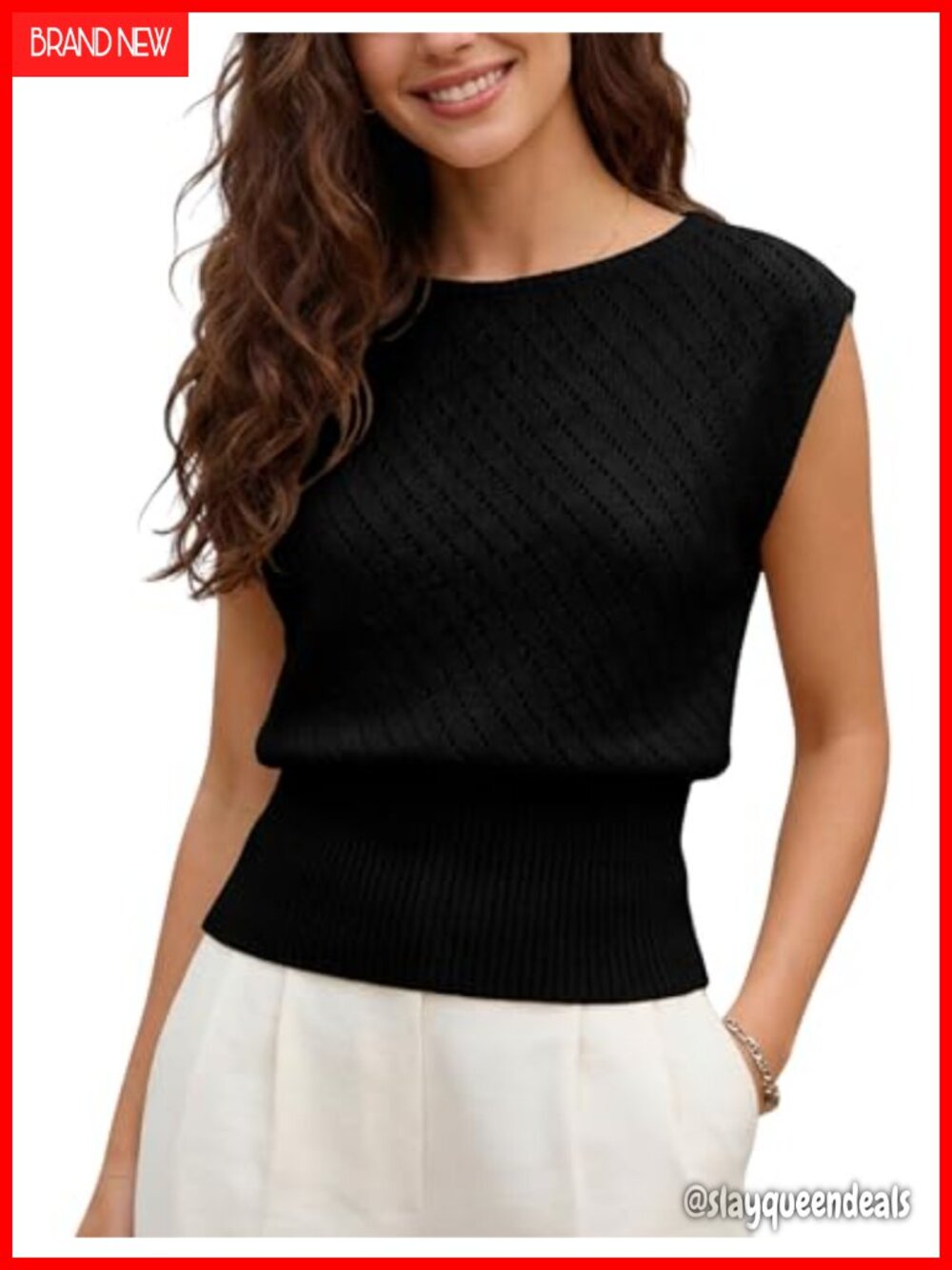 Sleeveless Hollow Out Knit Top Boat Neck Fitted Waist Summer Vest